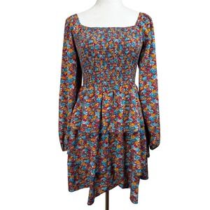 BTFBM Women's Mini Dress Floral Smocked Tiered Cottagecore Square Neck Small NWT